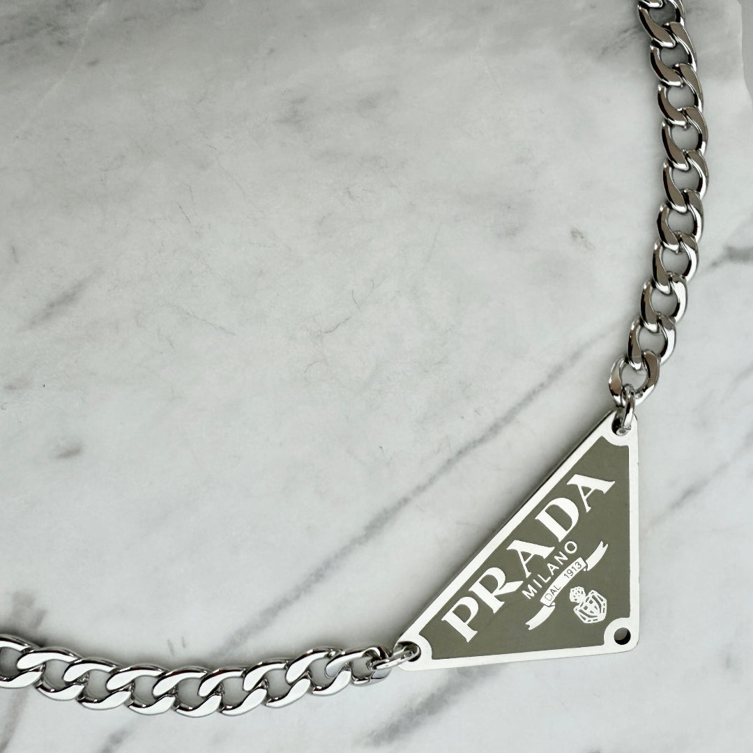 Large Sage Green & Silver Triangular Logo Choker