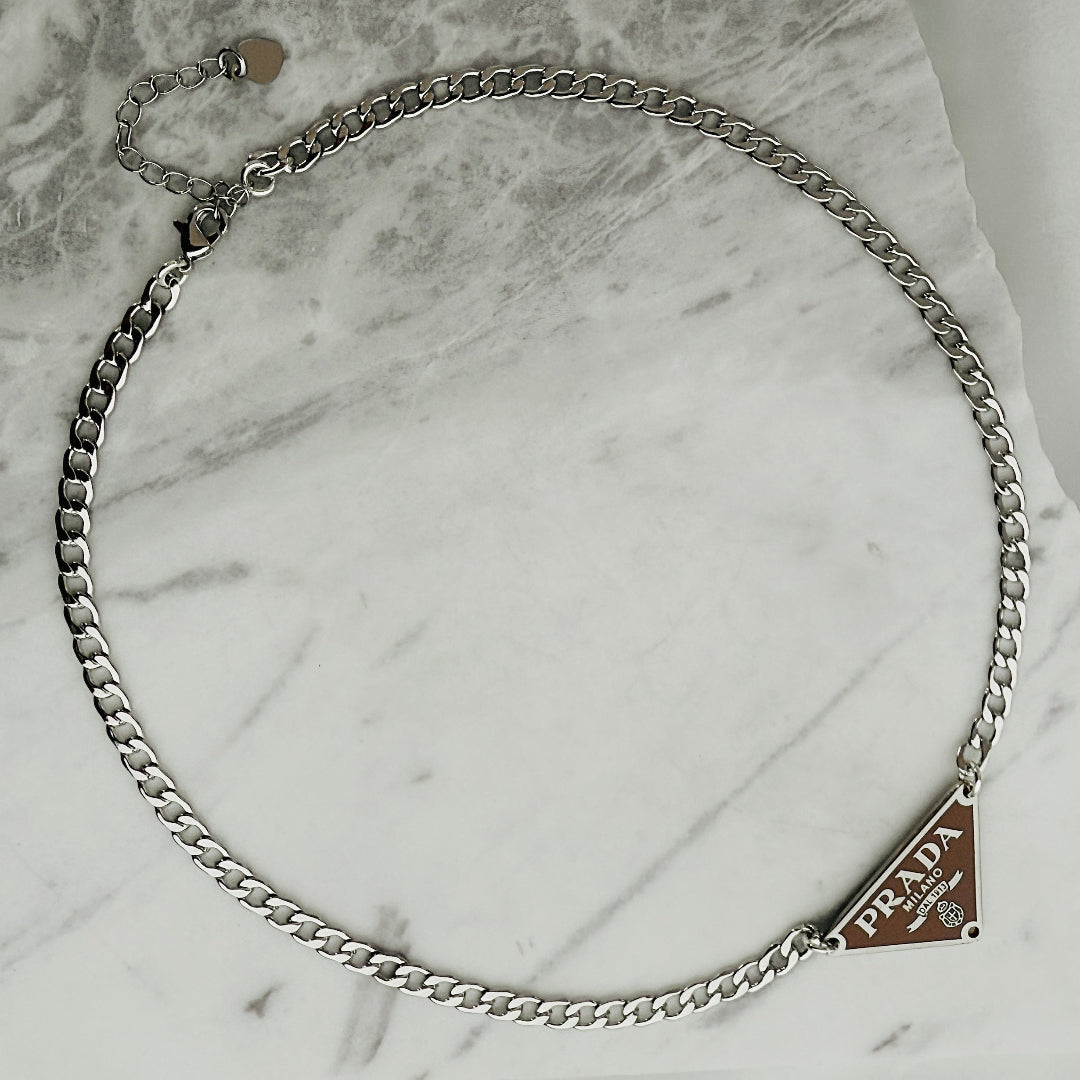 Small Tan & Silver Triangular Logo Choker