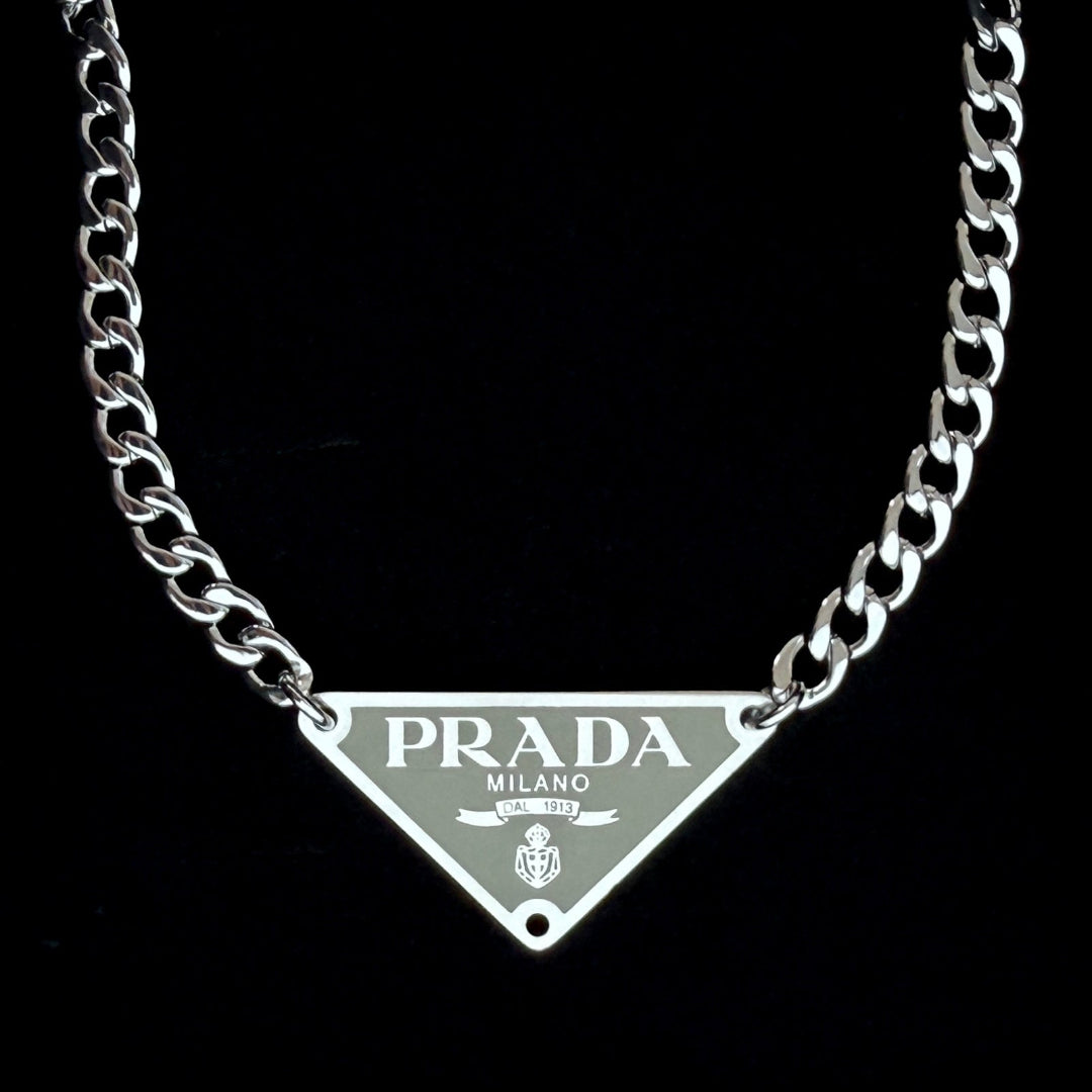 Large Sage Green & Silver Triangular Logo Choker