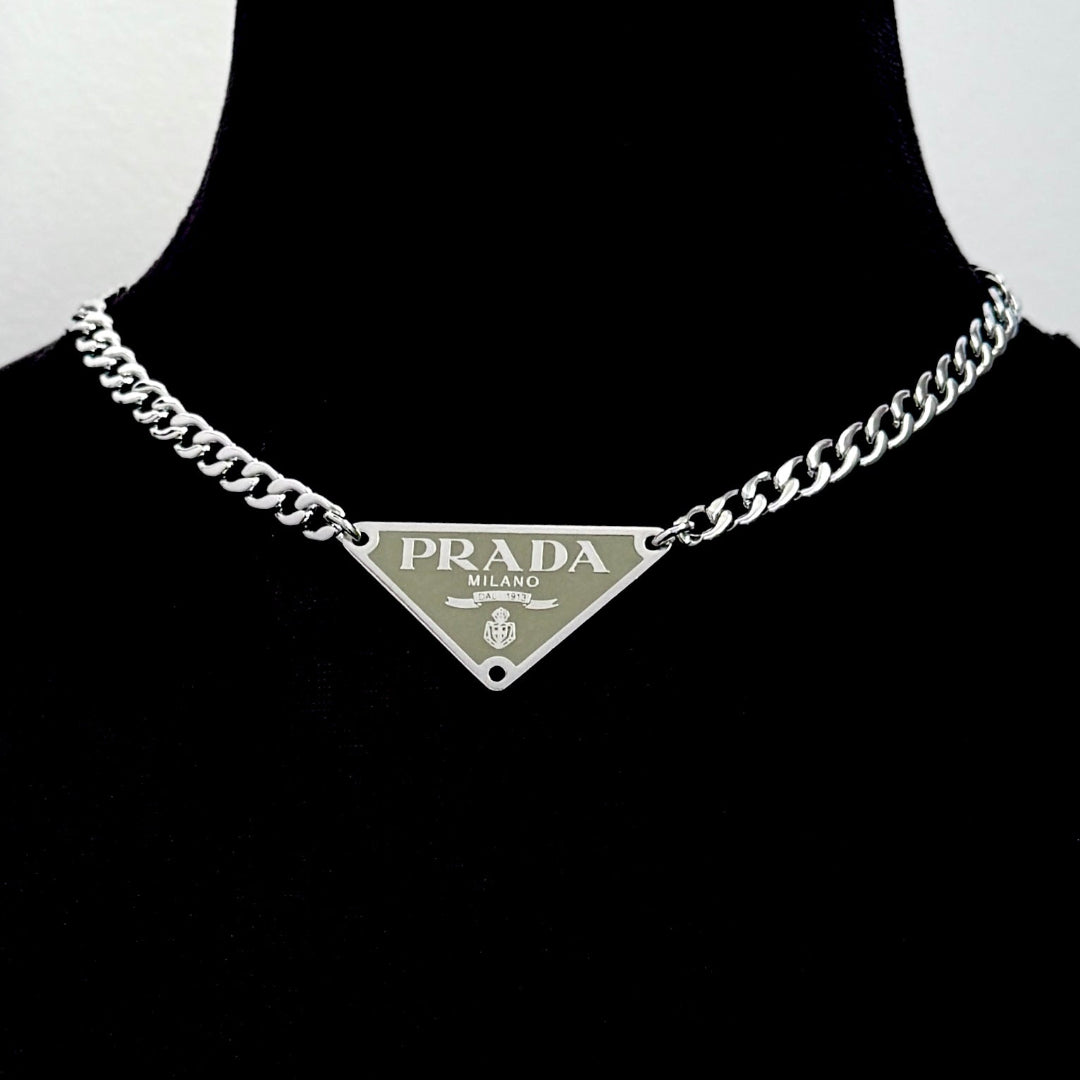 Large Sage Green & Silver Triangular Logo Choker