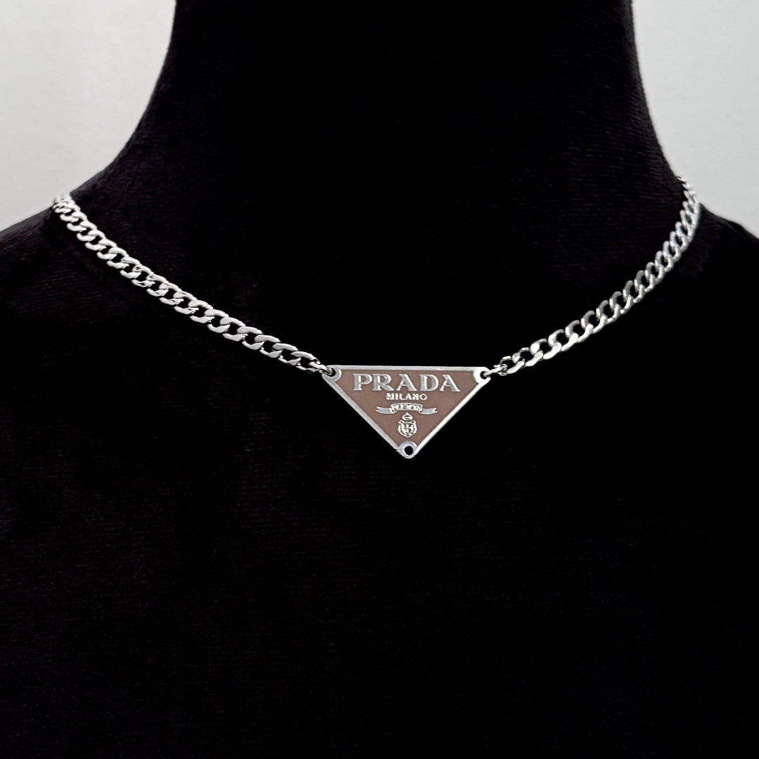 Small Tan & Silver Triangular Logo Choker