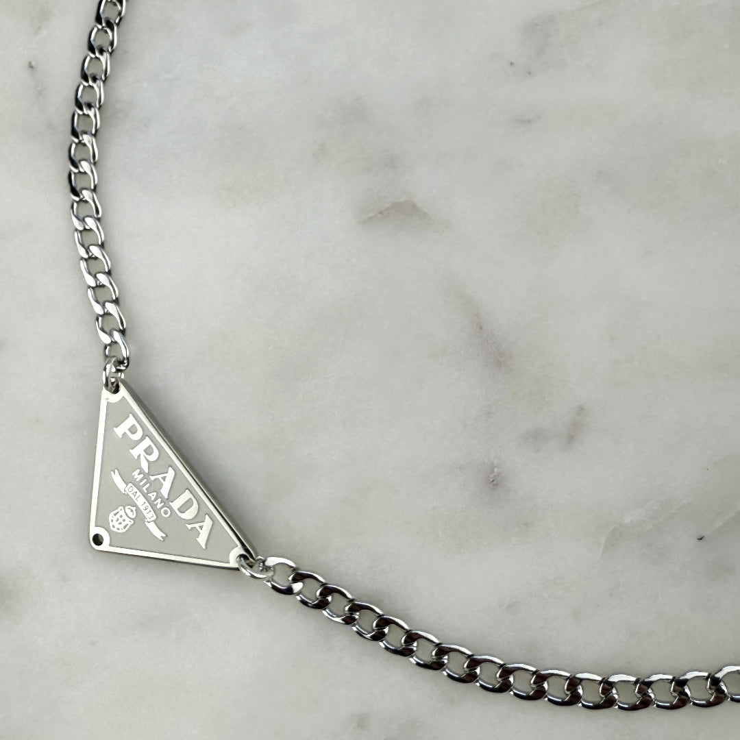 Small Cream & Silver Triangular Logo Choker