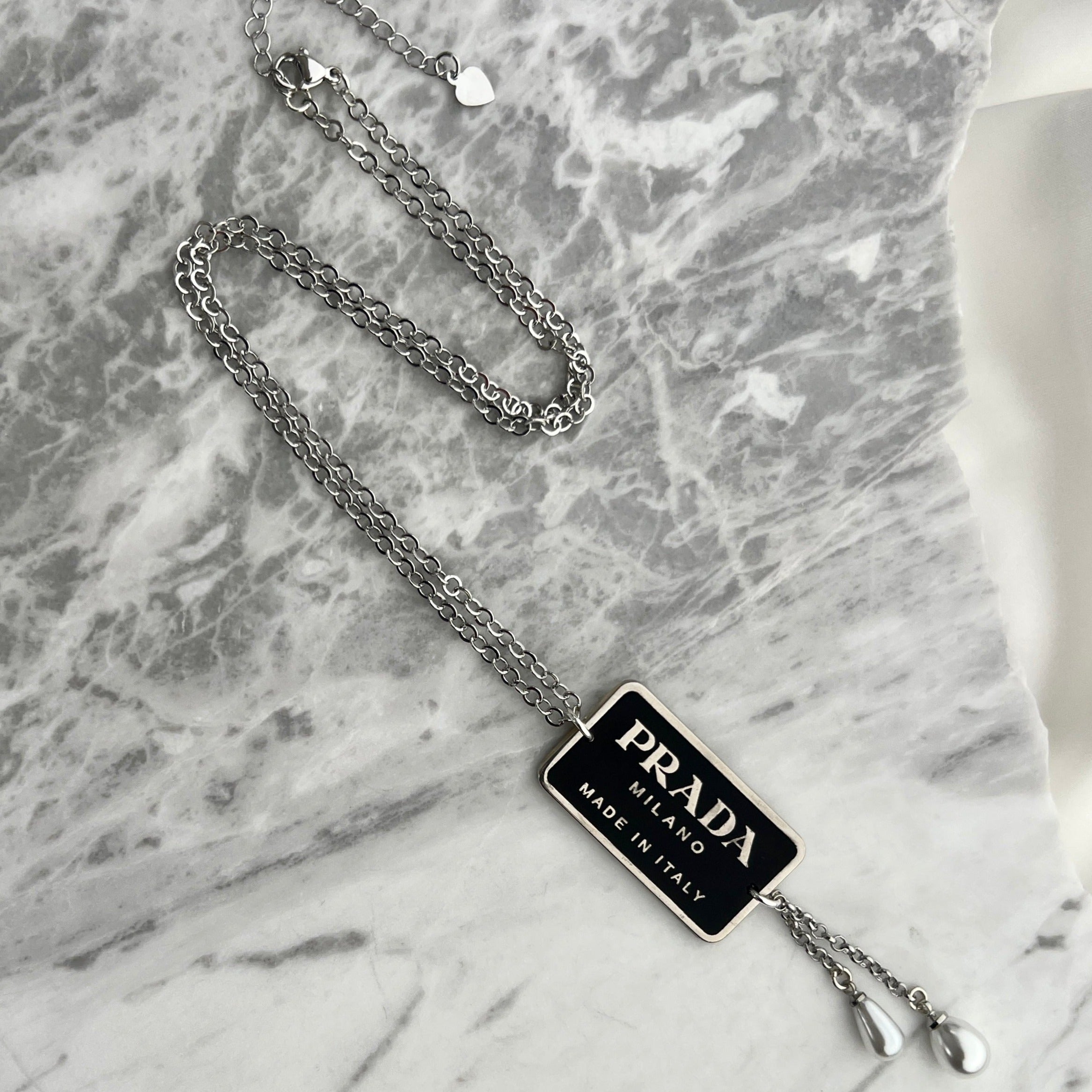 Black & Silver Rectangular Logo Necklace with Pearl Drops