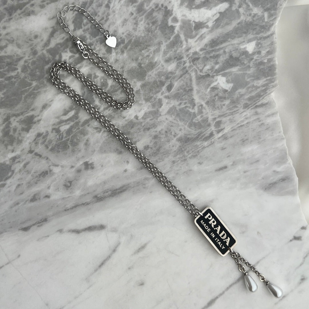 Small Black & Silver Rectangular Logo Necklace with Pearl Drops