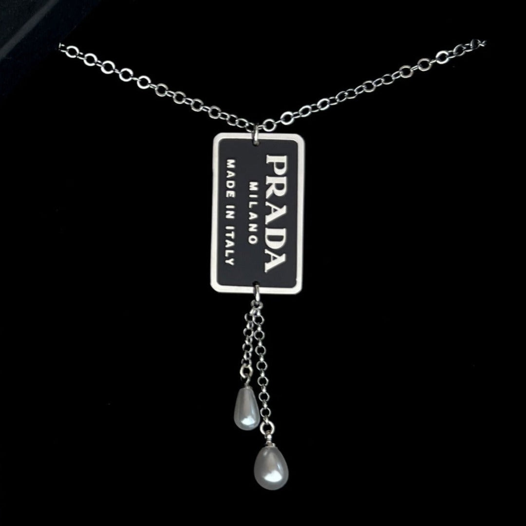 Black & Silver Rectangular Logo Necklace with Pearl Drops