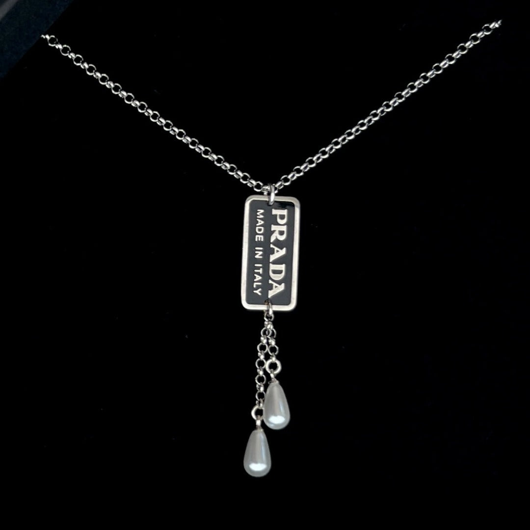 Small Black & Silver Rectangular Logo Necklace with Pearl Drops