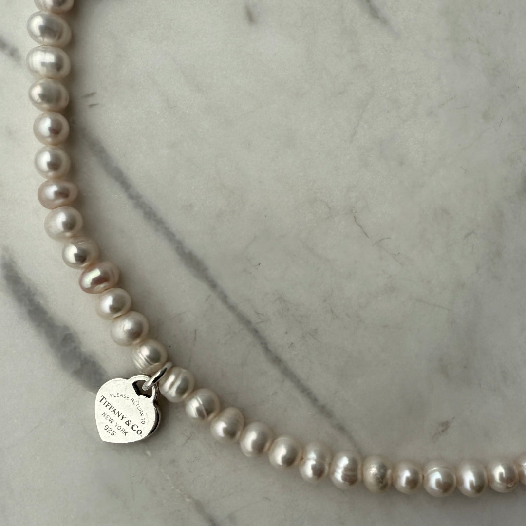 Mini Silver Heart Charm Pearl Choker