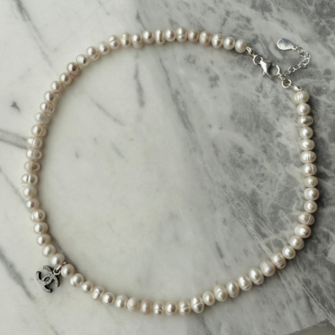 Pearl Choker with Dark Silver Textured Logo