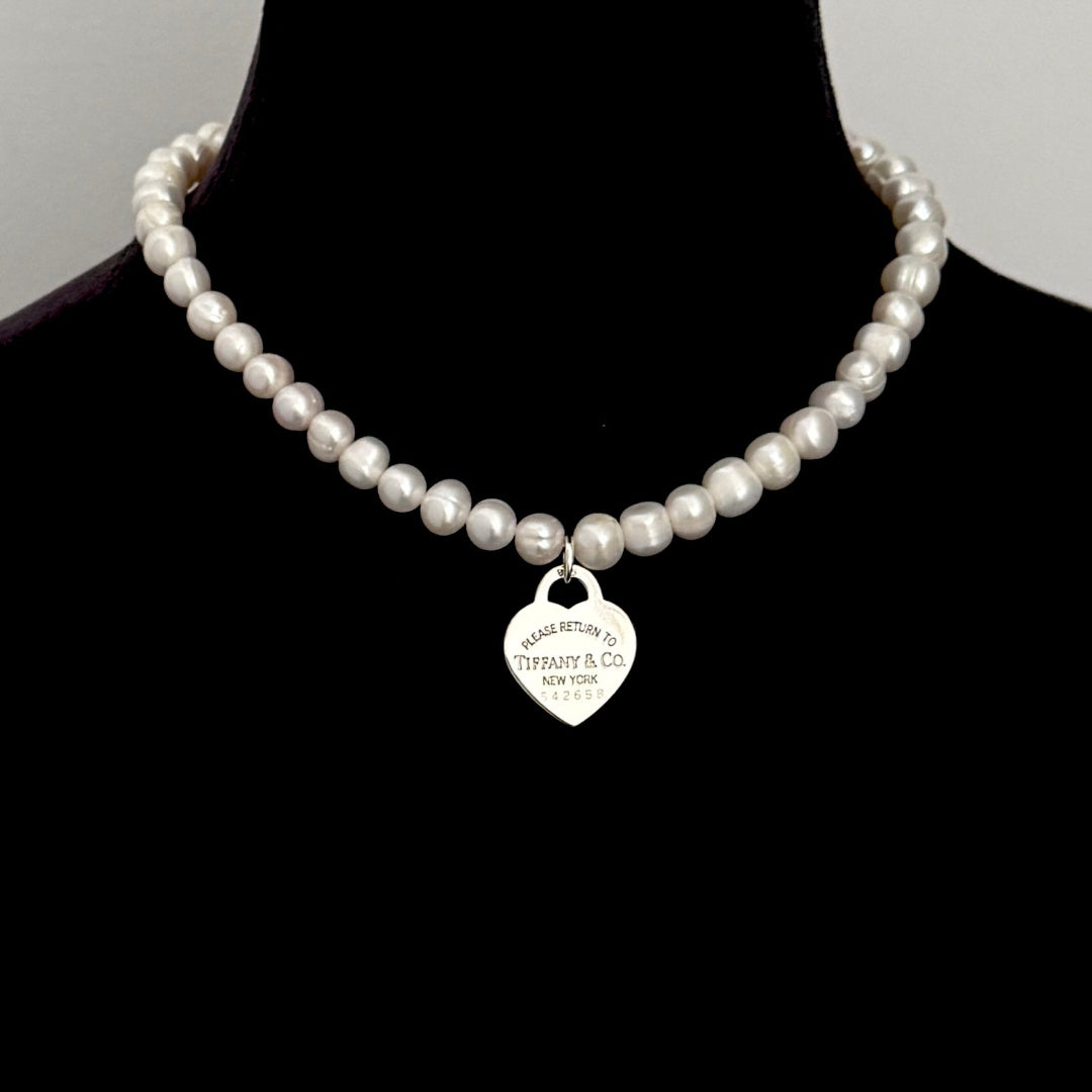 Silver Heart Charm Pearl Choker