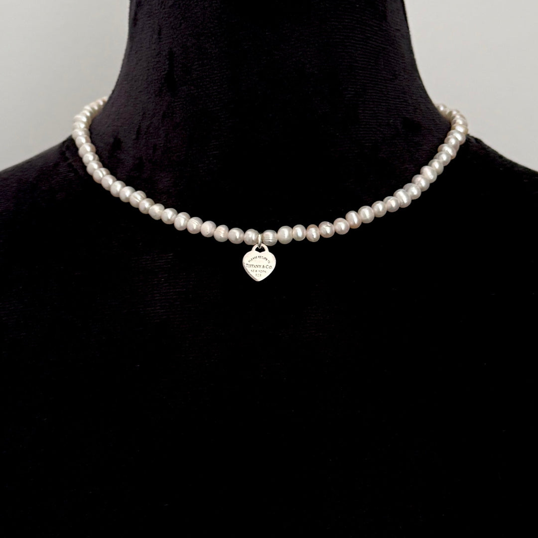 Mini Silver Heart Charm Pearl Choker