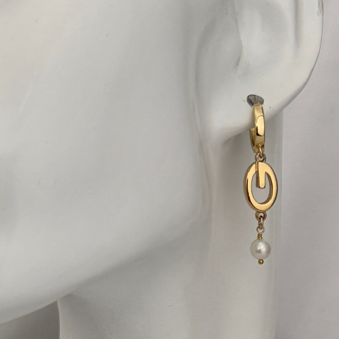 Gold Logo Earrings with Pearl Drop