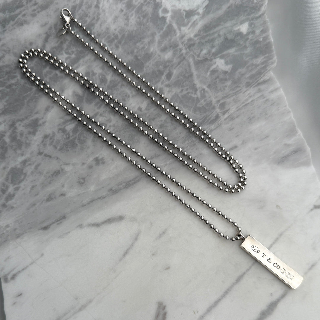 Silver Bar Necklace on Long Ball Chain