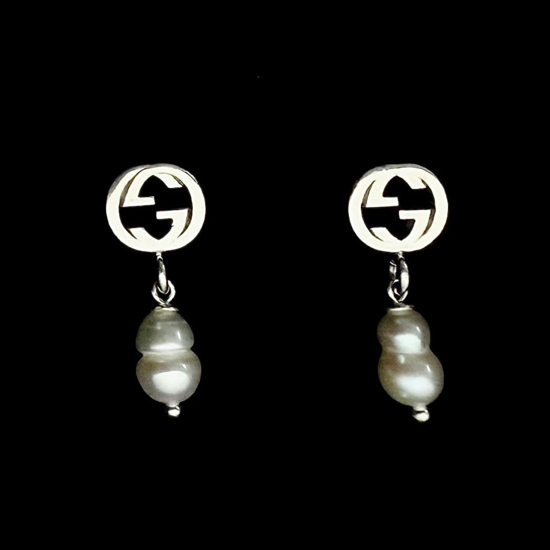 Sterling Silver Logo Earrings with Pearl Drop