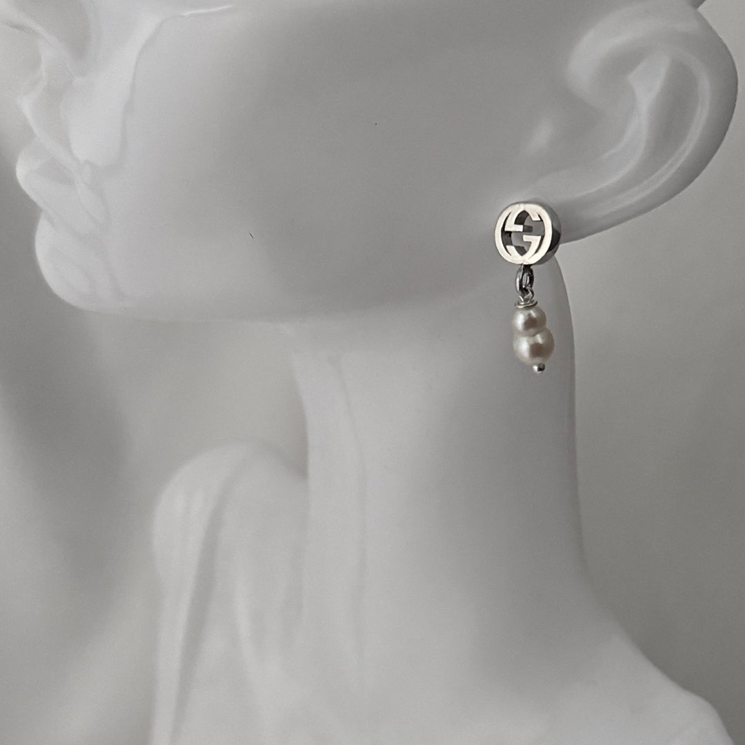 Sterling Silver Logo Earrings with Pearl Drop