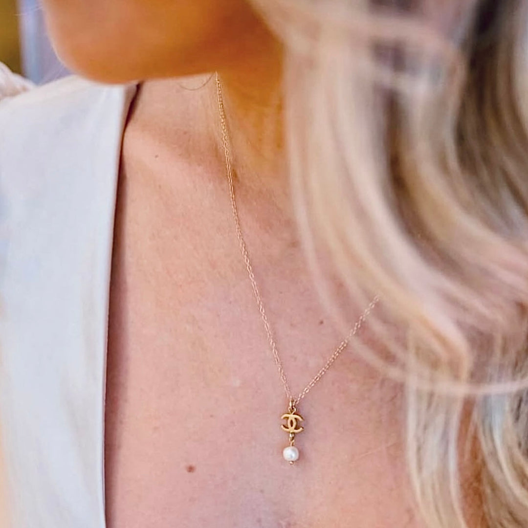 Small Light Gold Logo Necklace with Pearl Drop