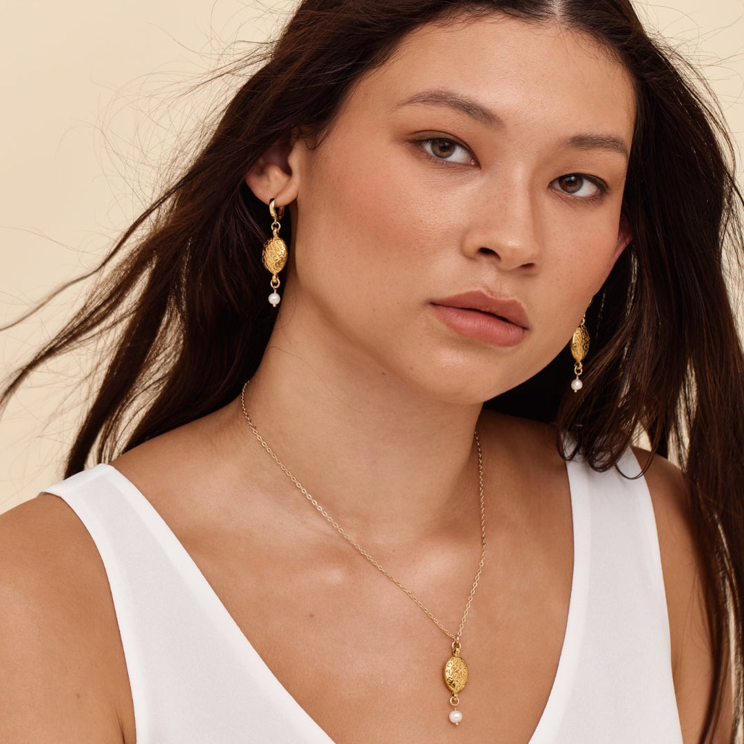 Gold Oval Printed Earrings with Pearl Drop