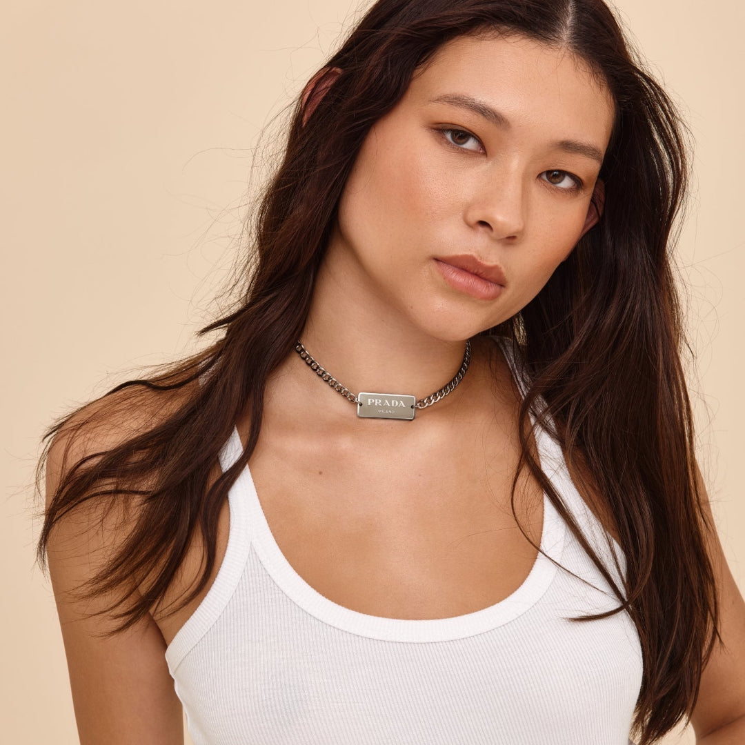 Beige & Silver Rectangular Logo Choker