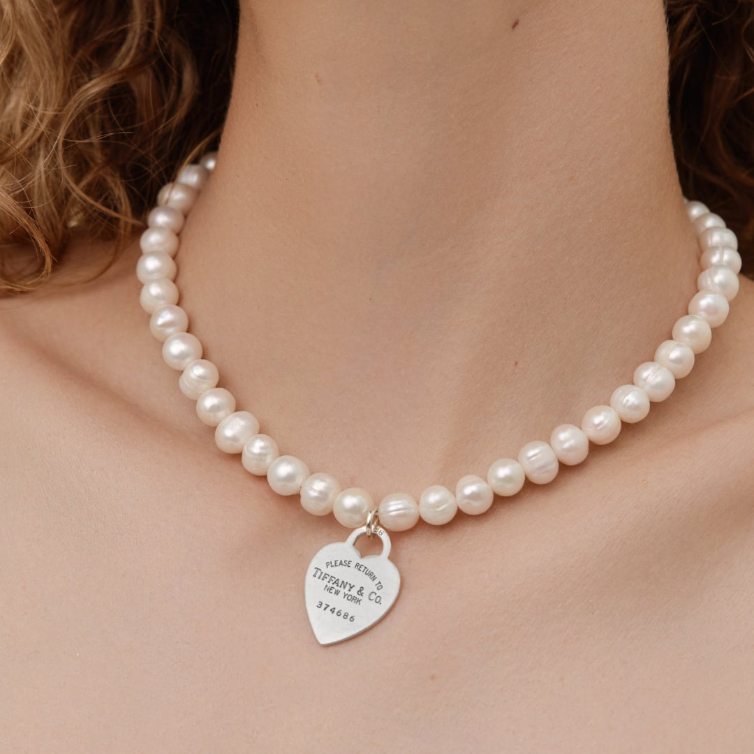 Large Silver Heart Charm Pearl Choker