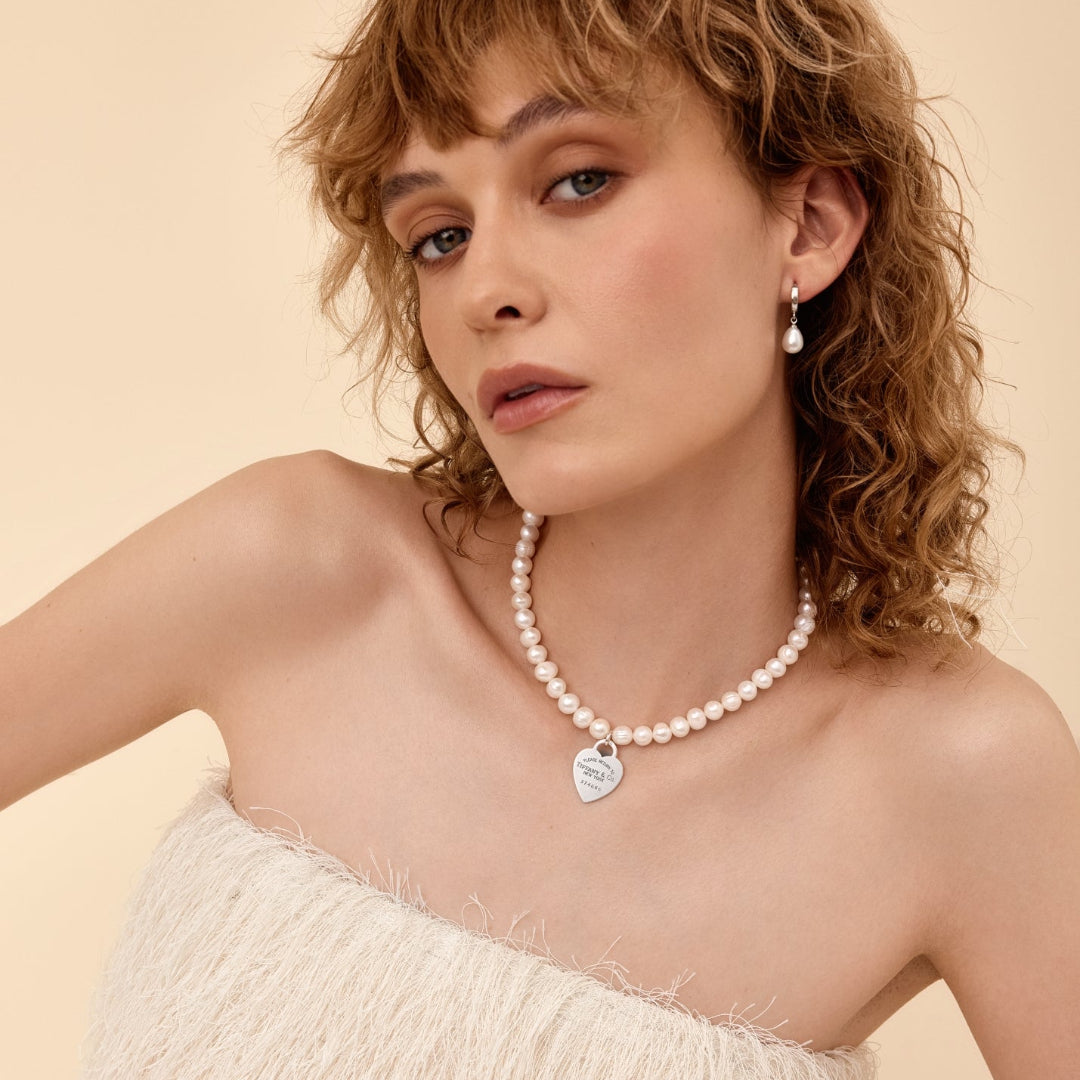 Large Silver Heart Charm Pearl Choker