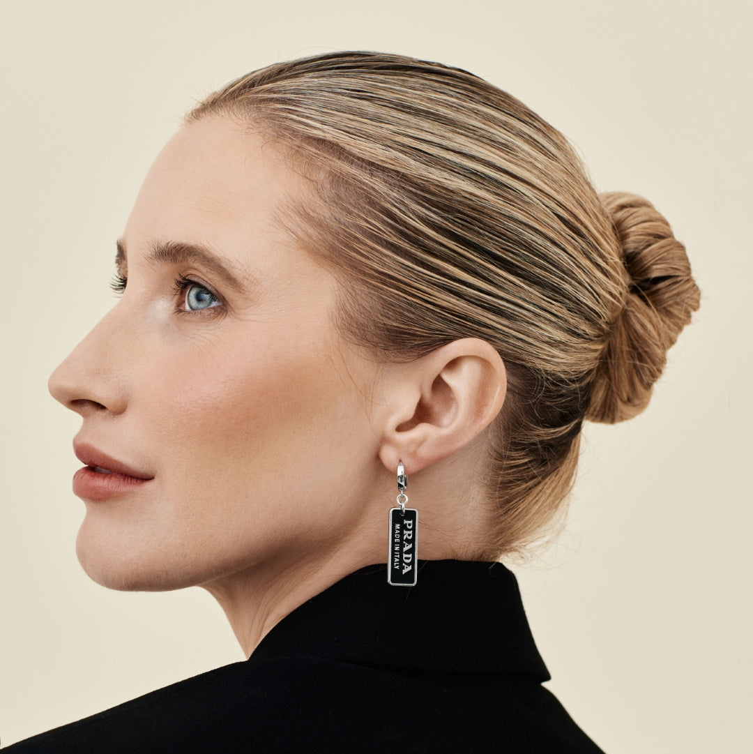 Small Black & Silver Rectangular Logo Earrings