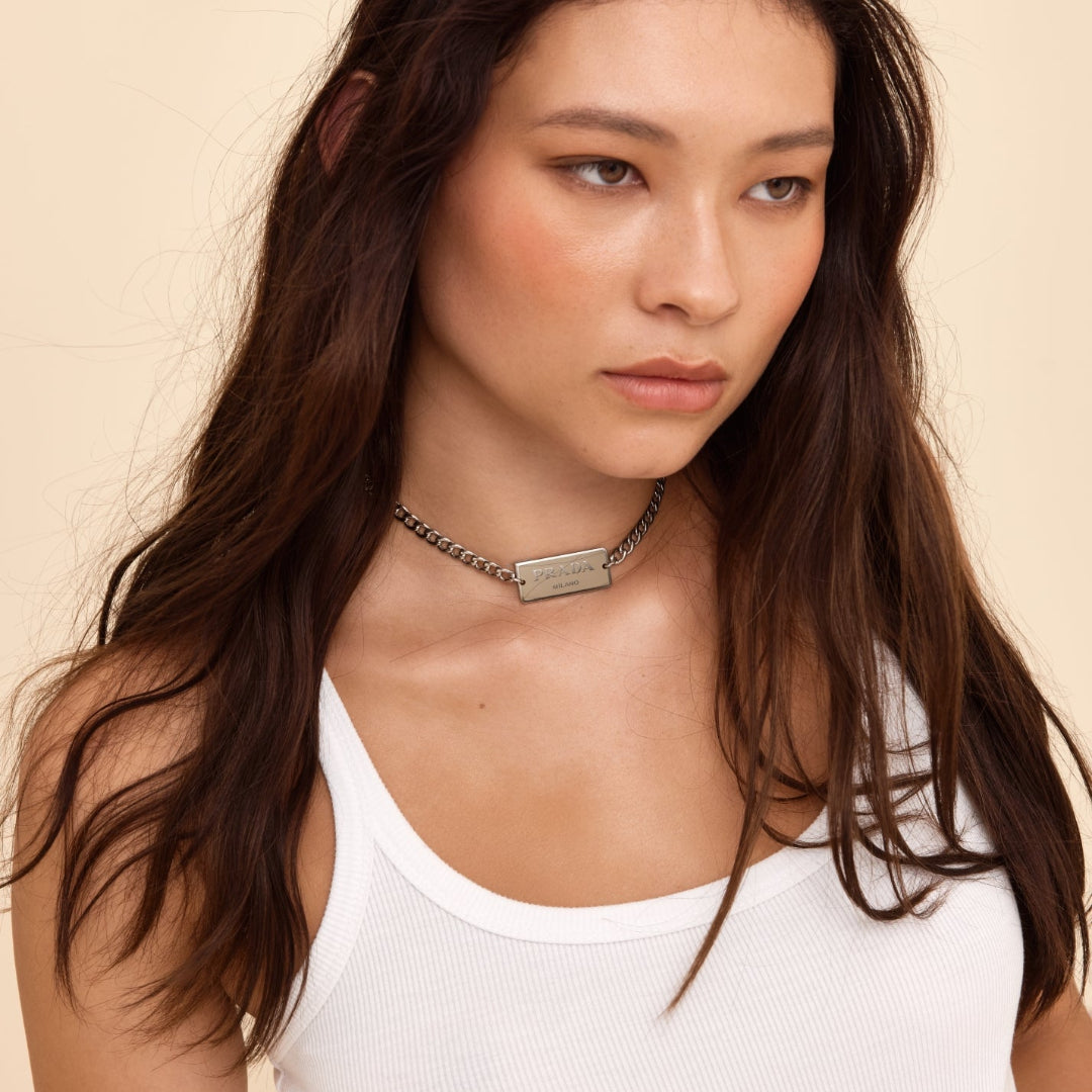 Beige & Silver Rectangular Logo Choker