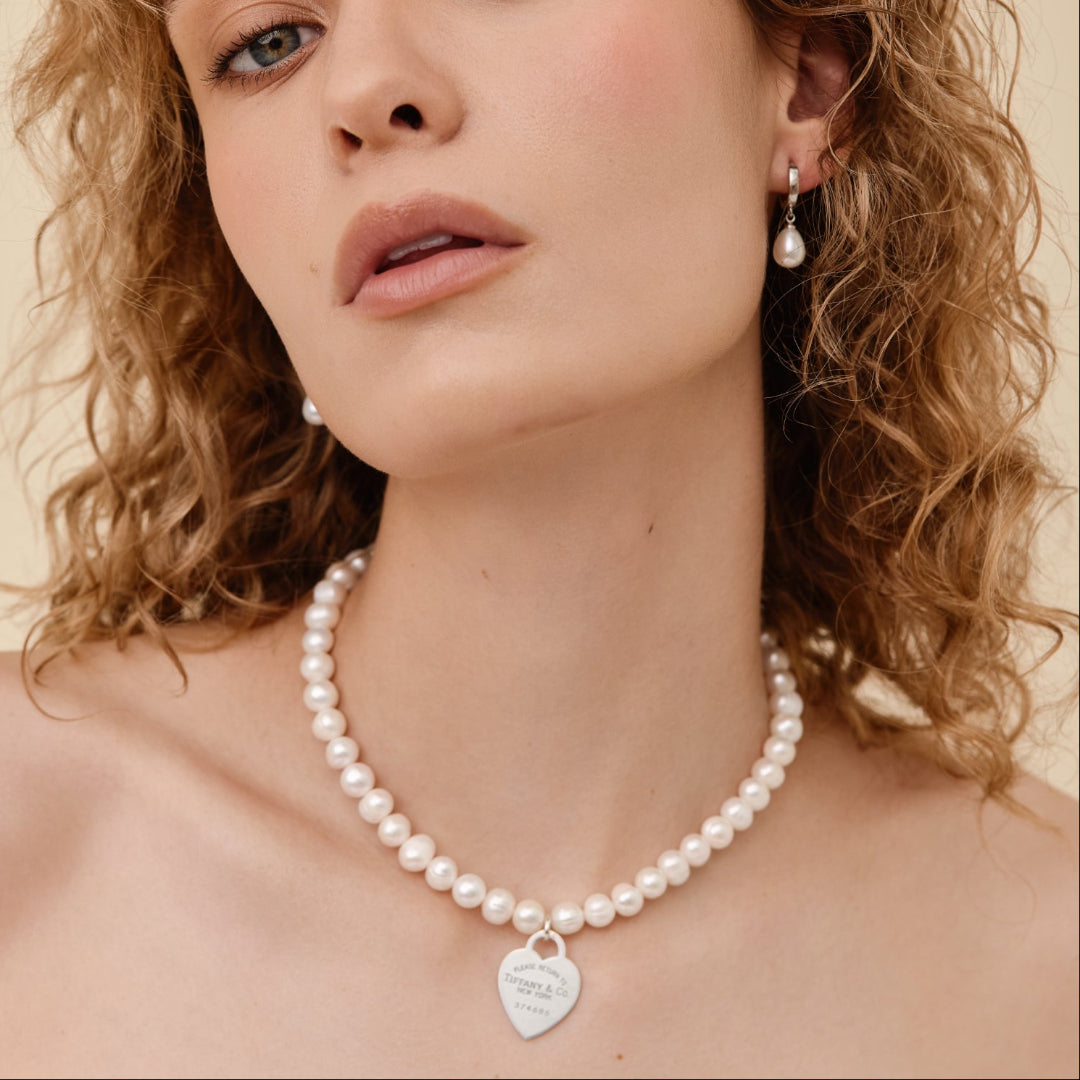Large Silver Heart Charm Pearl Choker