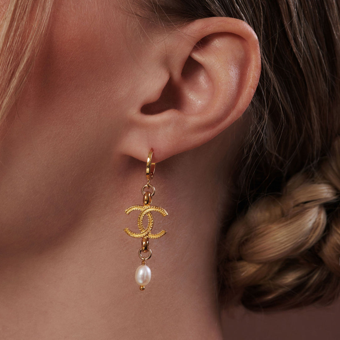 Gold Logo Earrings with Pearl Drop