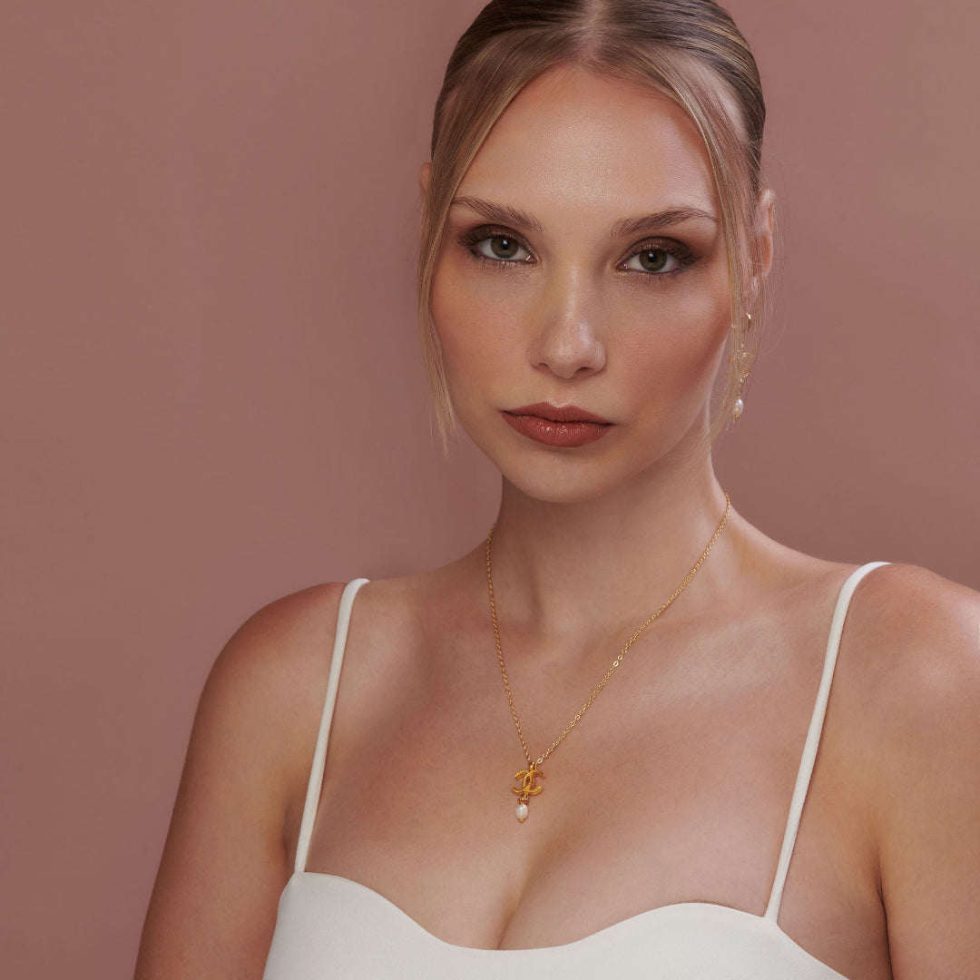 Gold Logo Necklace with Pearl Drop