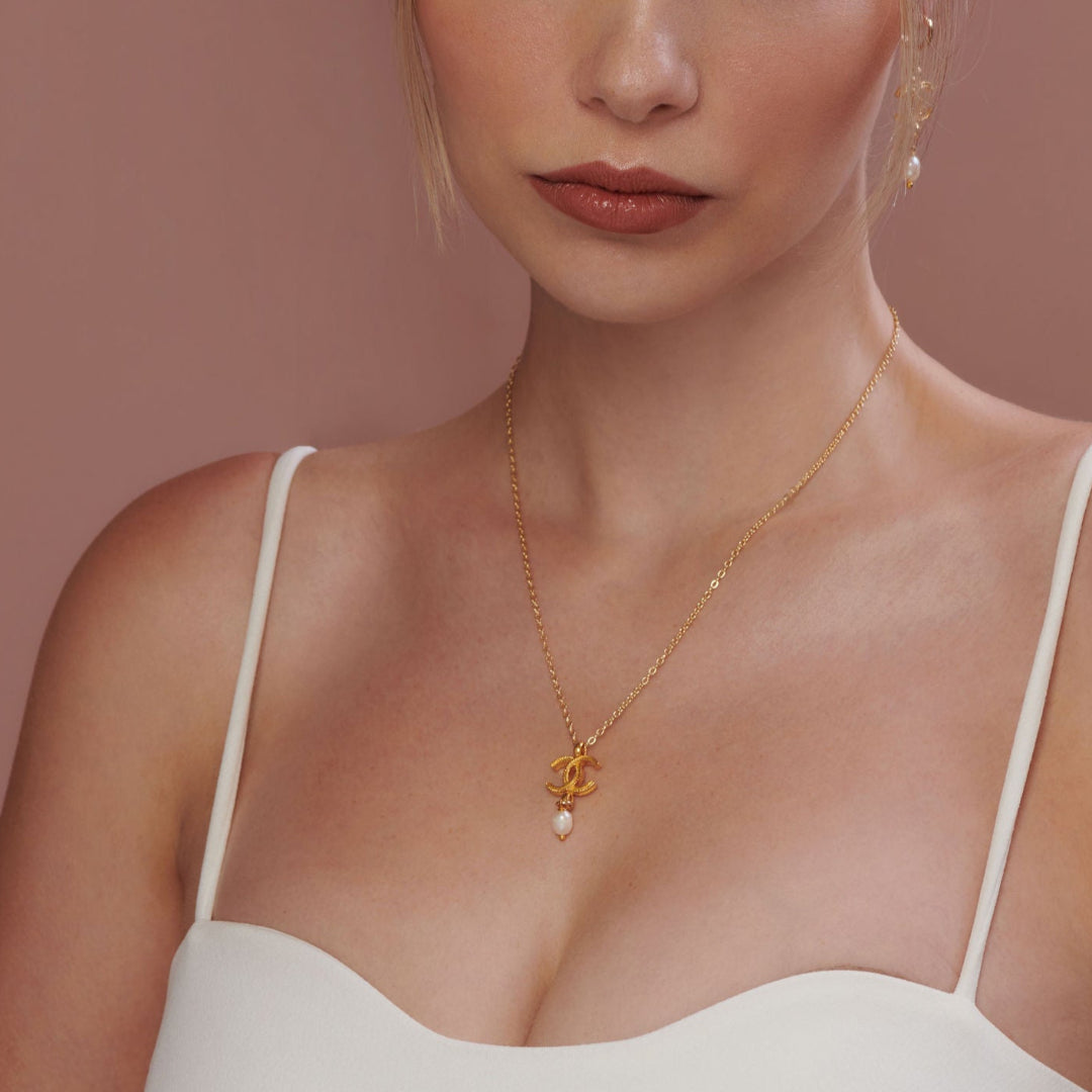 Gold Logo Necklace with Pearl Drop