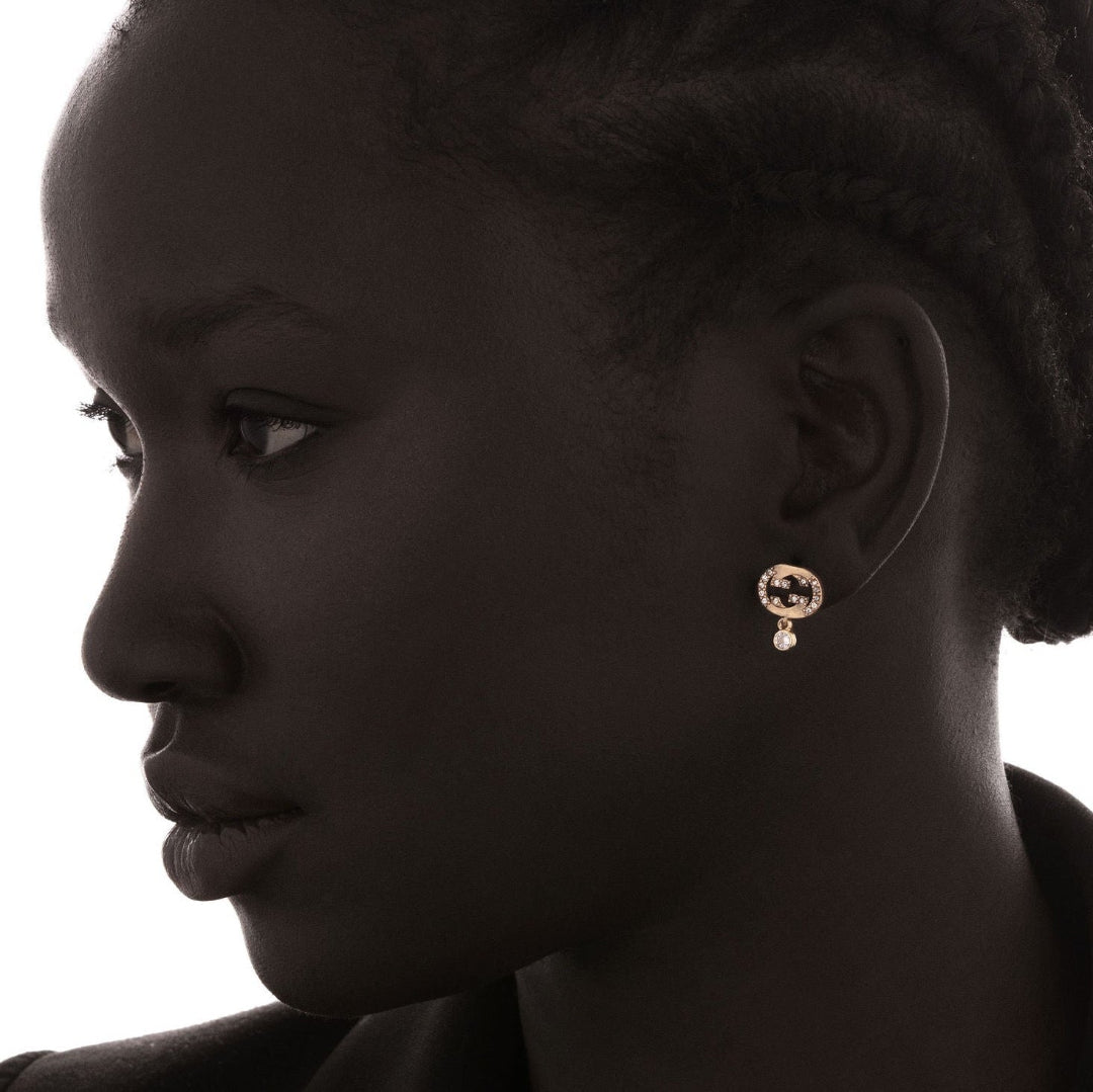 Gold Logo Earrings with Crystal Drop