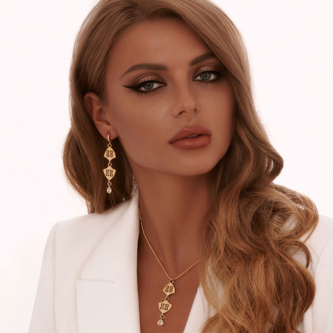 Statement Gold Double Logo Necklace with Crystal Drop