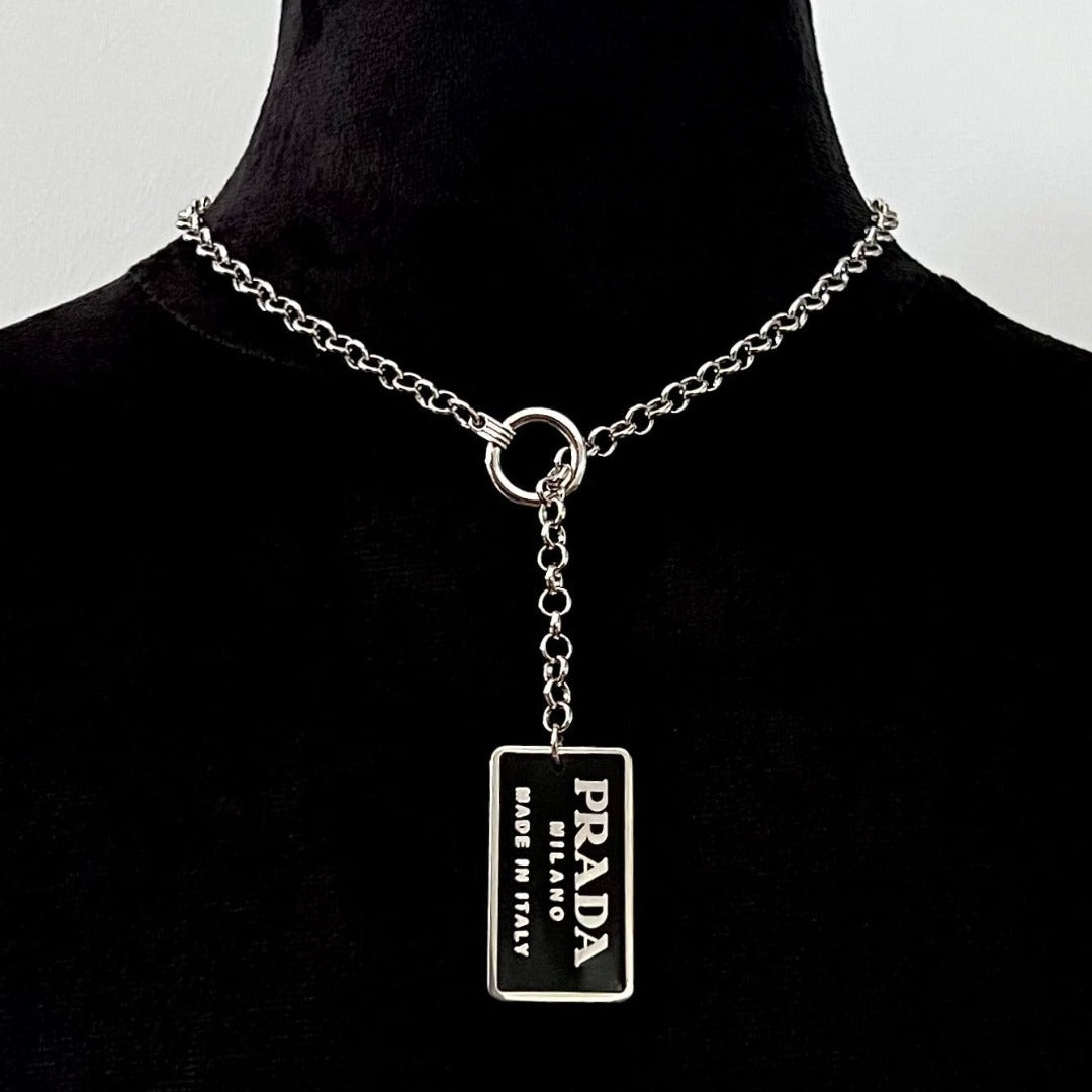 Black & Silver Rectangular Logo Necklace