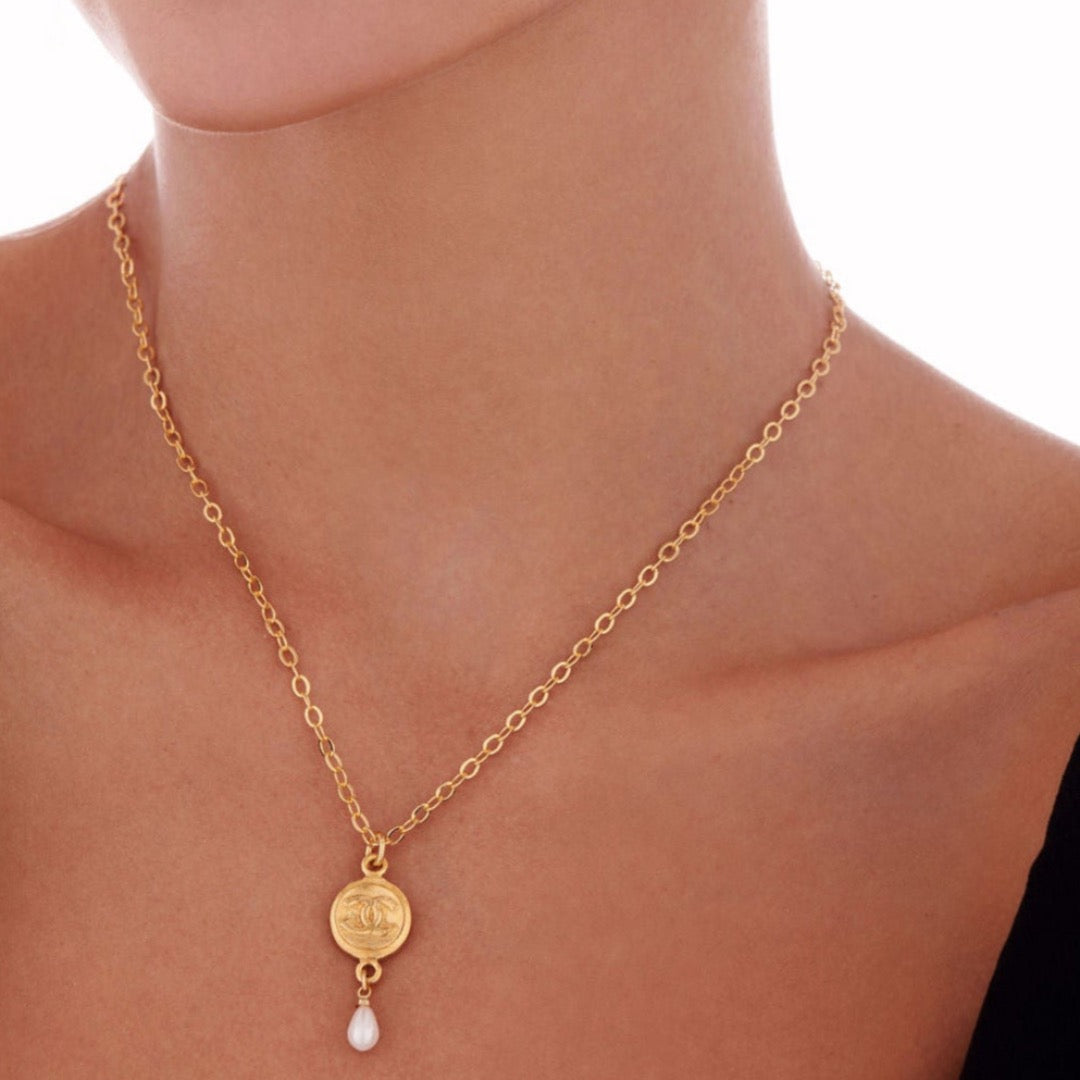 Gold Medallion Necklace with Pearl Drop