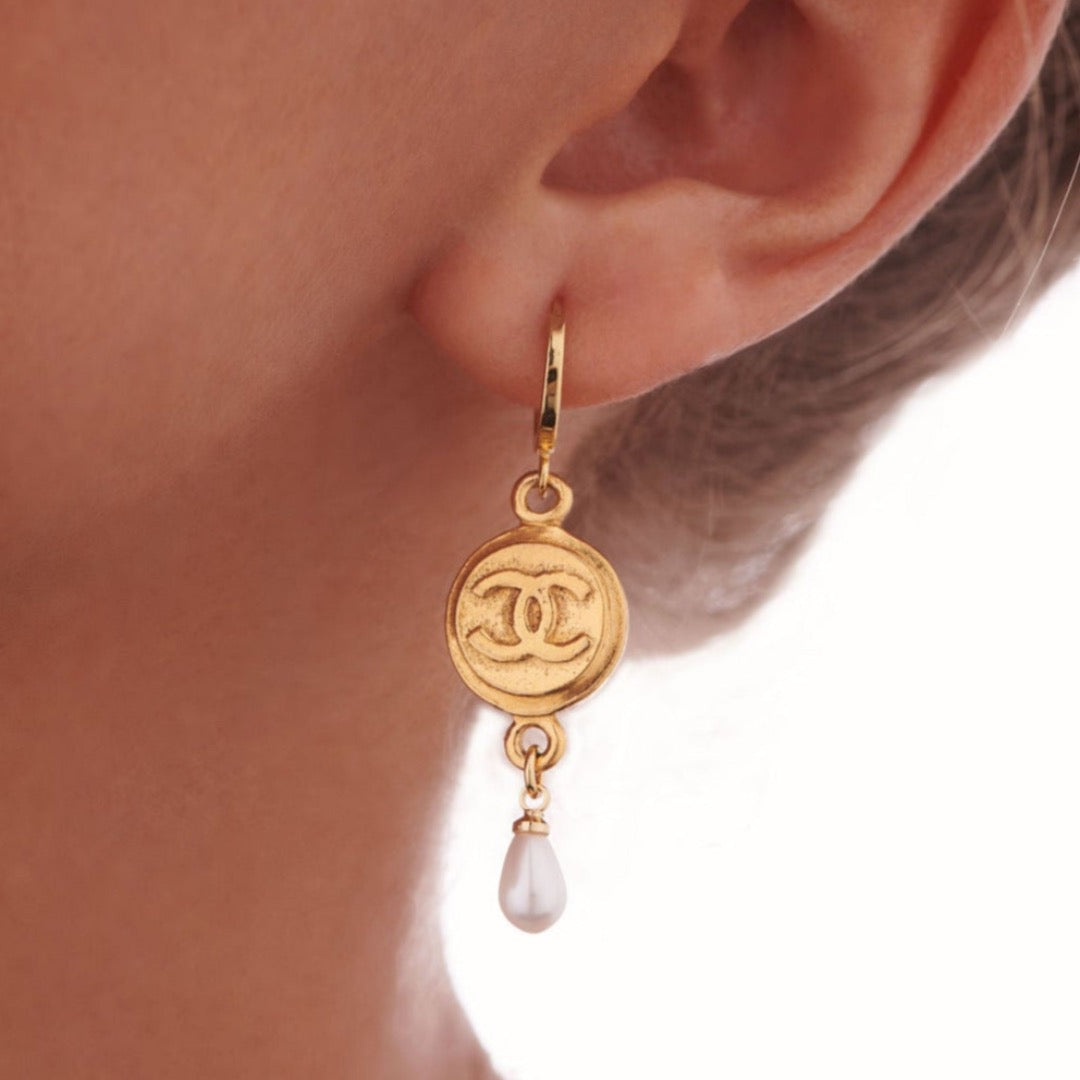 Gold Medallion Earrings with Pearl Drop