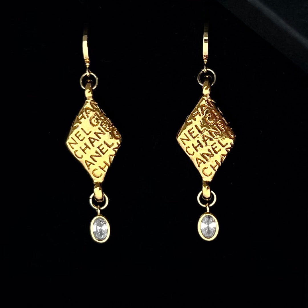 Gold Printed Earrings with Crystal Drop