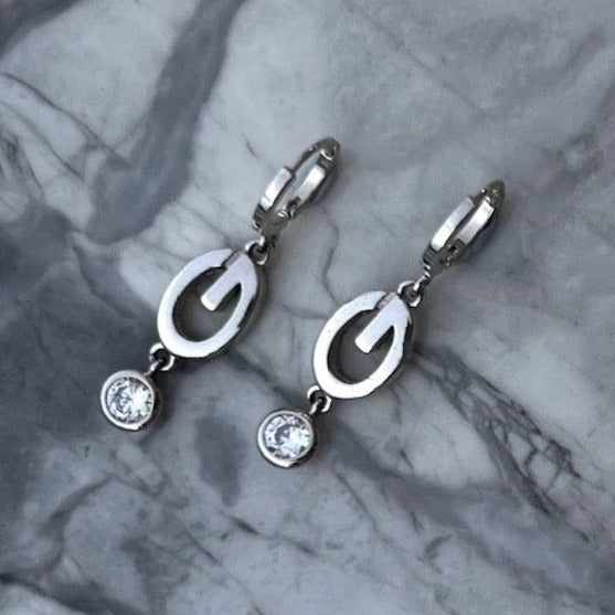 Silver Logo Earrings with Crystal Drops