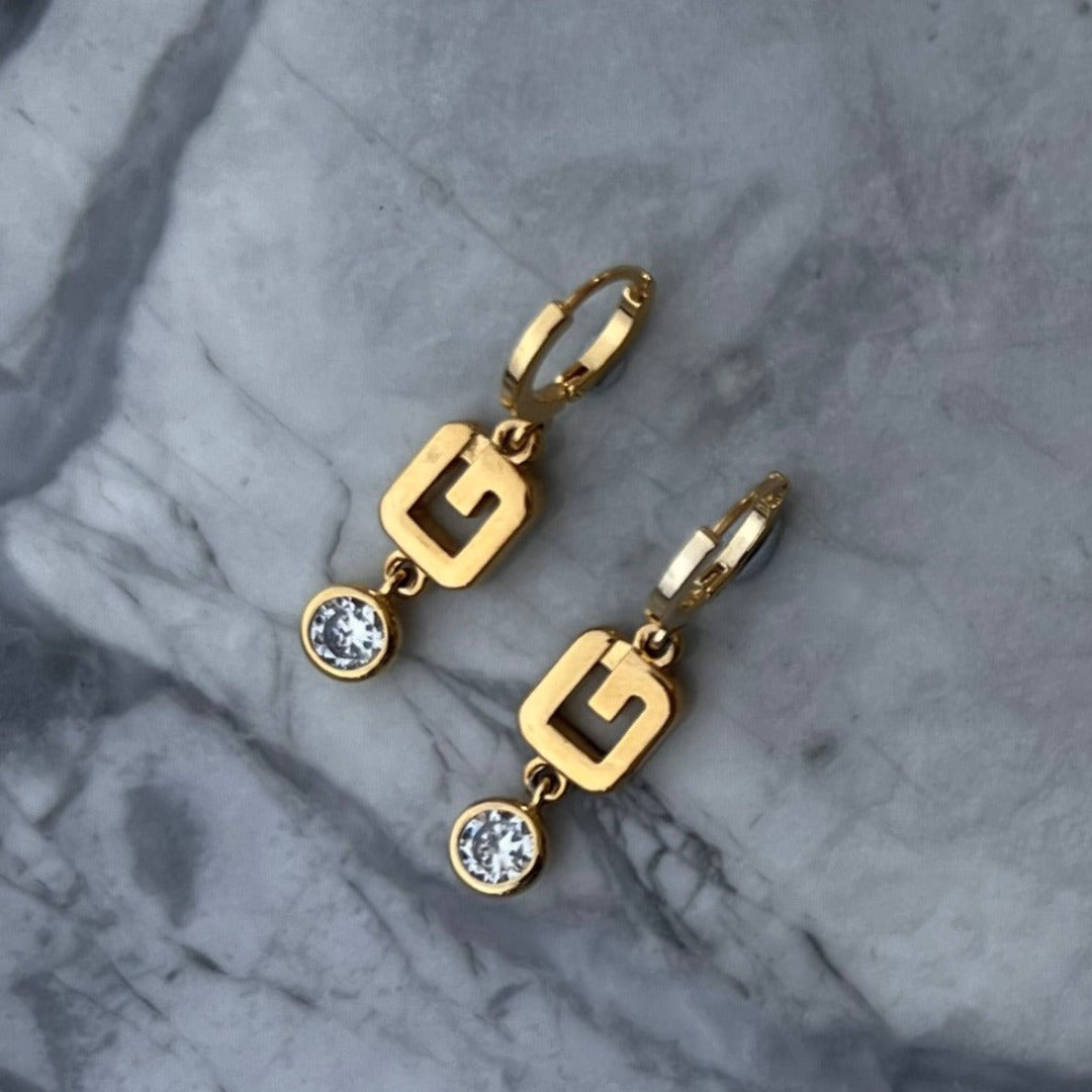 Gold Logo Earrings with Crystal Drop