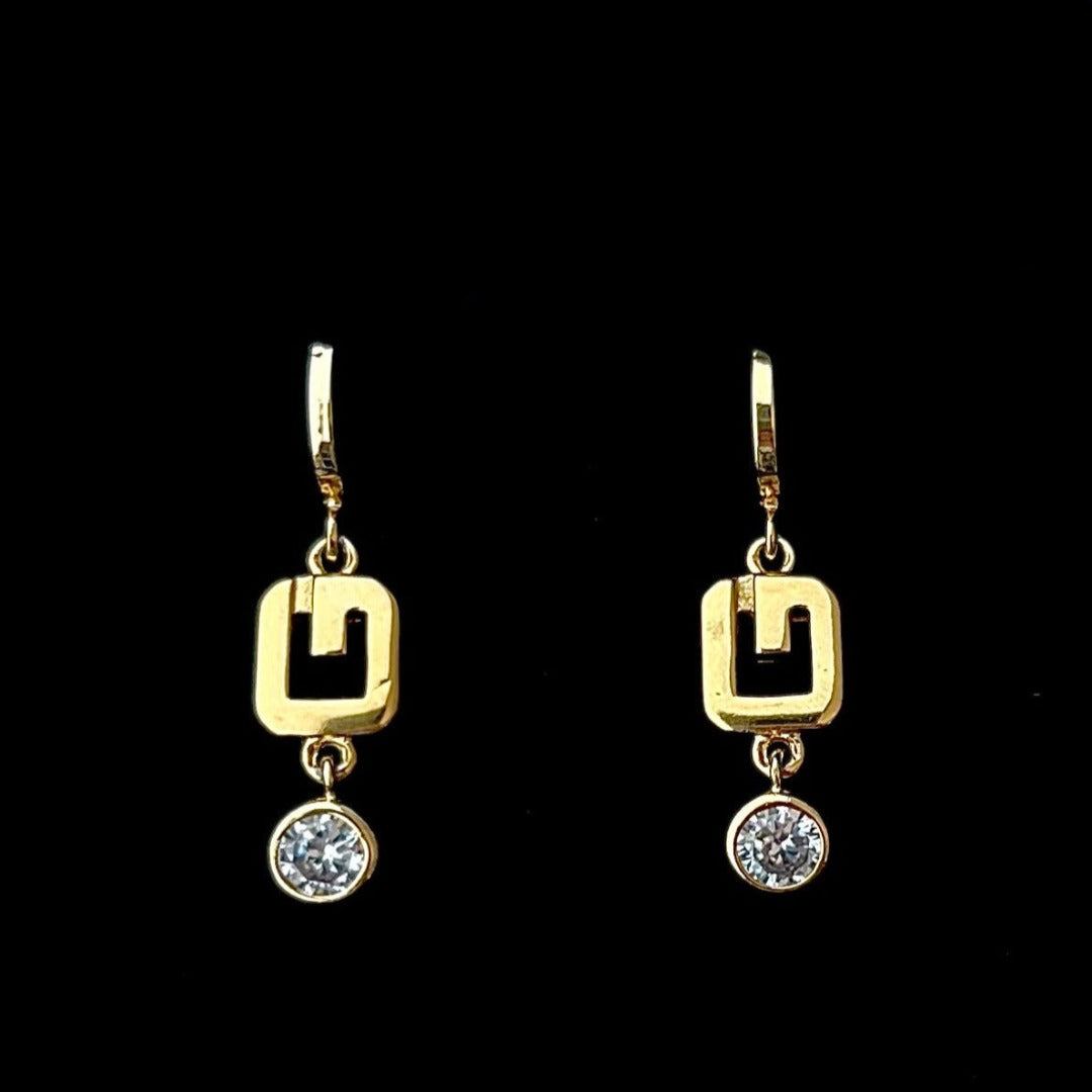 Gold Logo Earrings with Crystal Drop