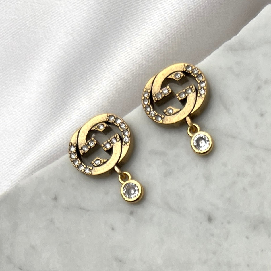Gold Logo Earrings with Crystal Drop