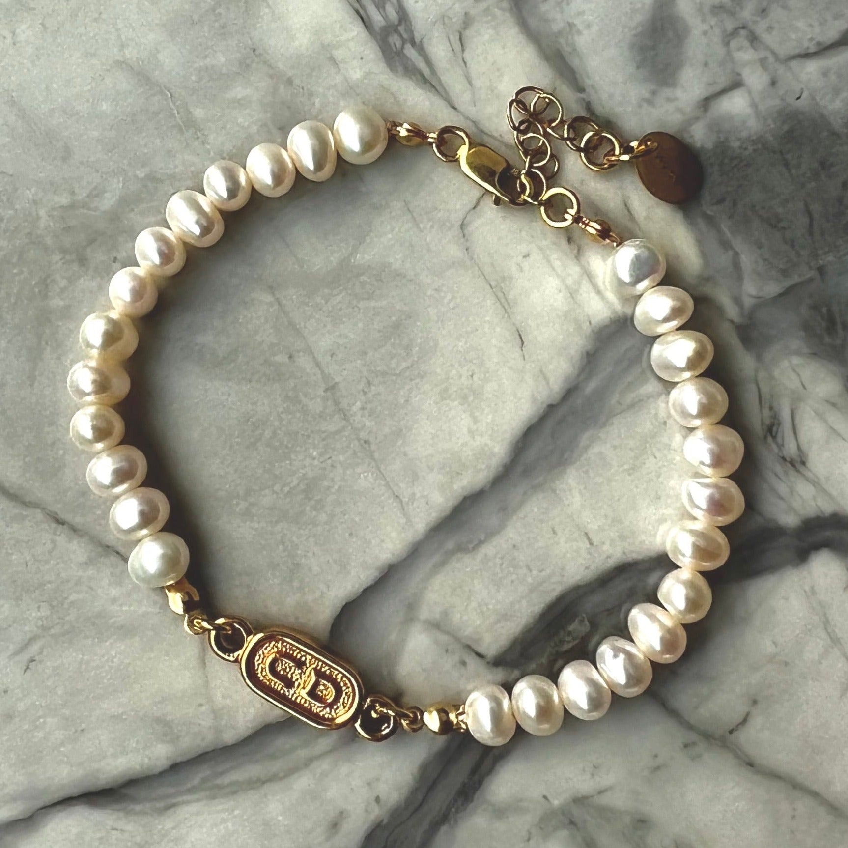 Small Stamped Gold Pearl Bracelet