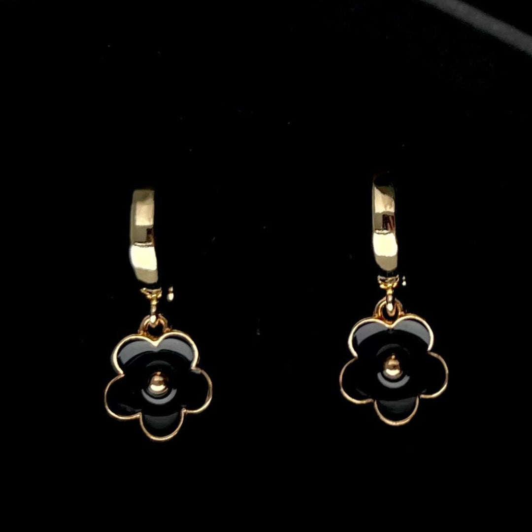 Gold Hoops with Black Flowers