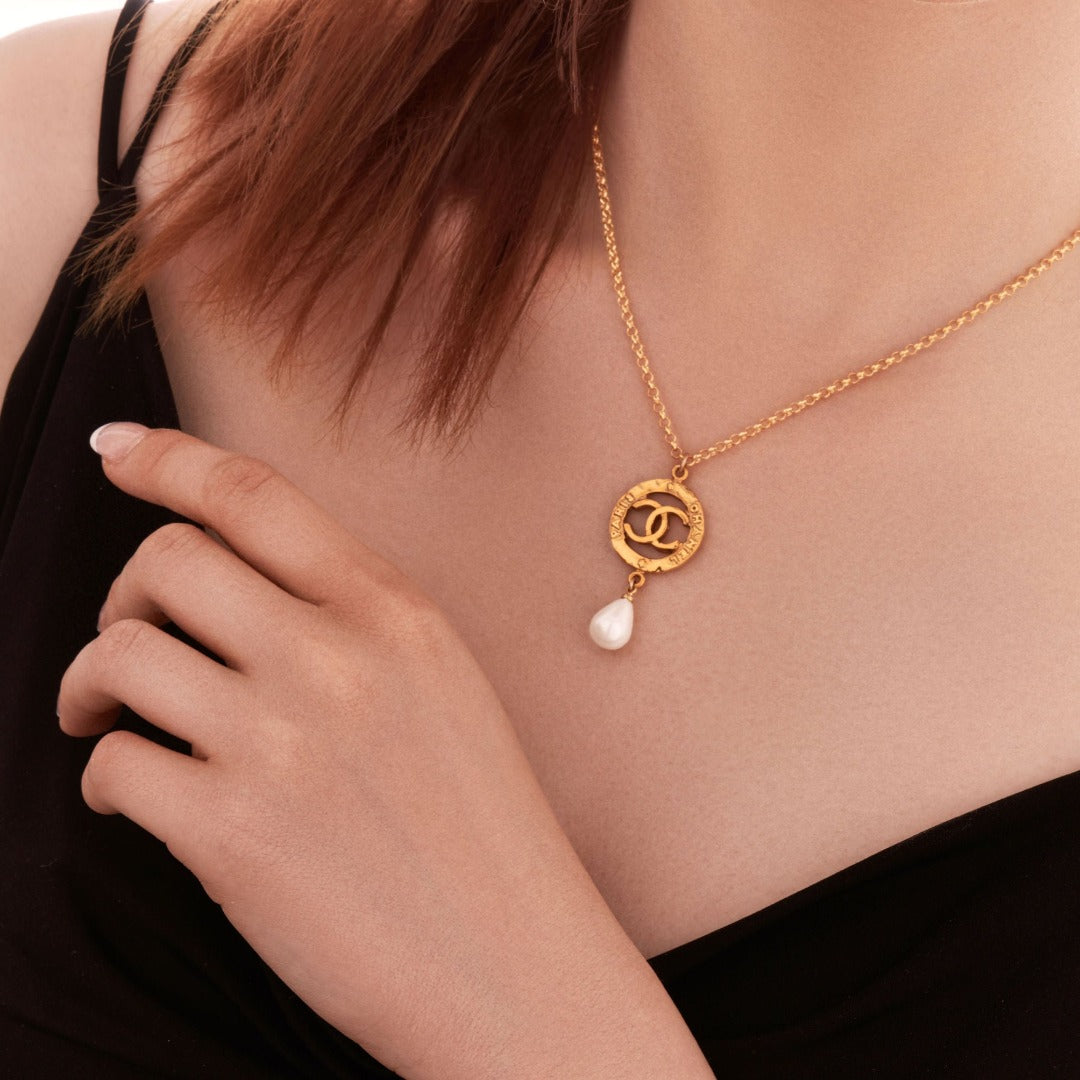 Gold Round Logo Necklace with Pearl Drop